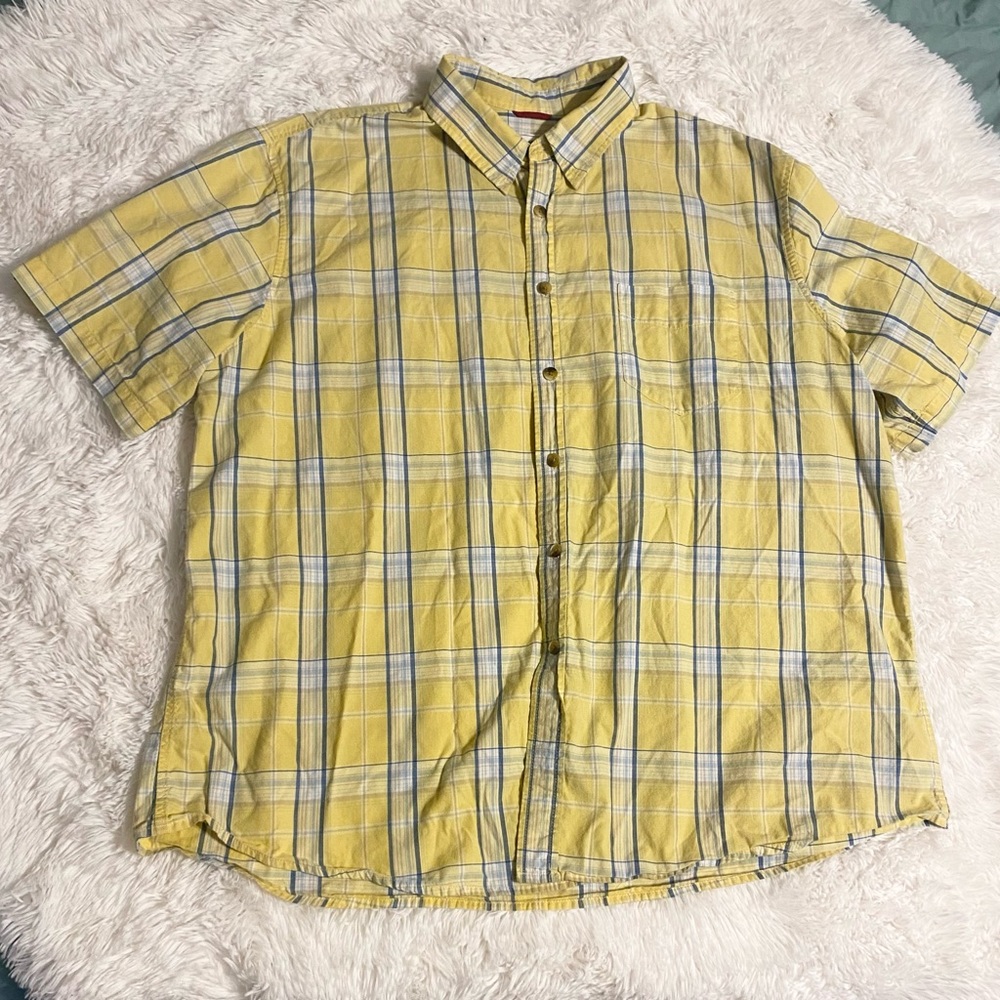 Dockers- yellow plaid, button down, shirt sleeved, dress shirt. 2XL